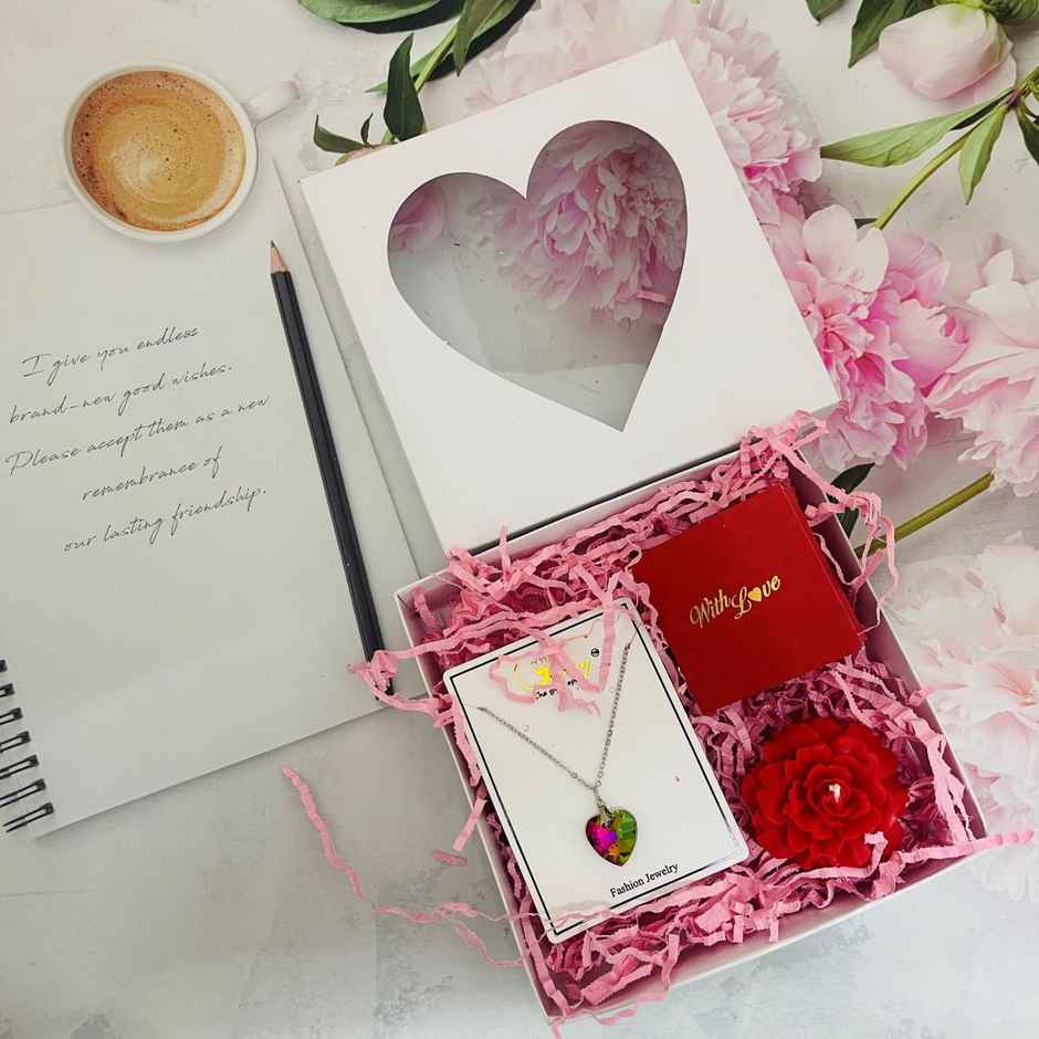Gullak Women's Day Box Of Love | Pendant Necklace & Rose Candle Set- Oudh Fragrance-Assorted Design