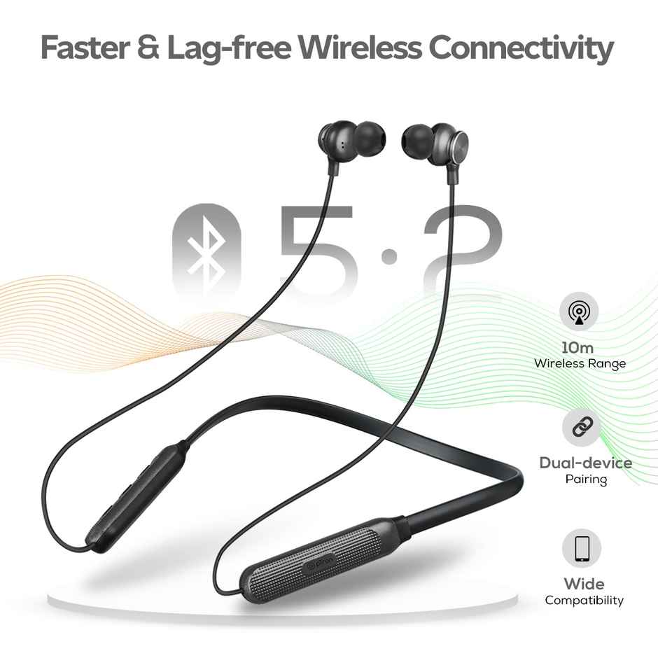pTron Tangent Duo Wireless Neckband | 24H Playtime | HD Calls & Dual Device Pairing - Black