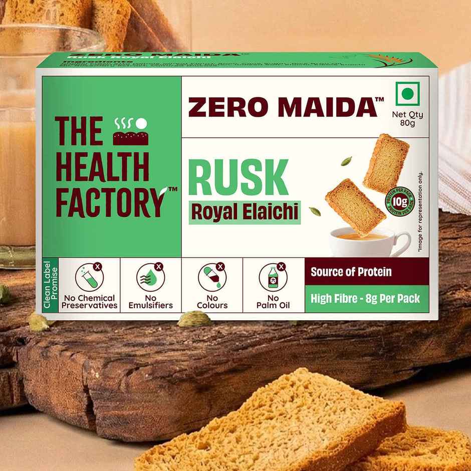 The Health Factory Elaichi Rusk | Zero Maida | Source of Protein & Fibre | Wheat Rusk Toast | Tea Time Snack