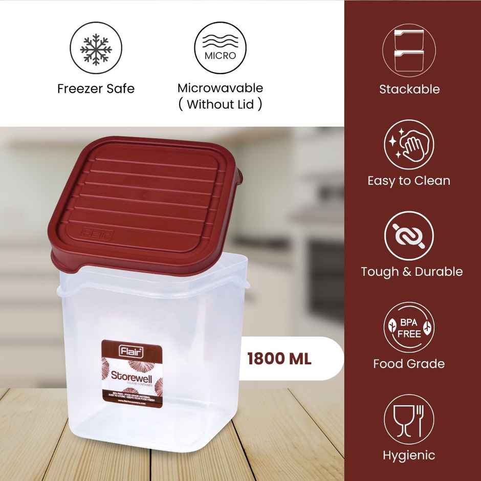 Flair Plastic Storewell Square Food Storage Containers 1800Ml - Set Of 2 (Maroon)