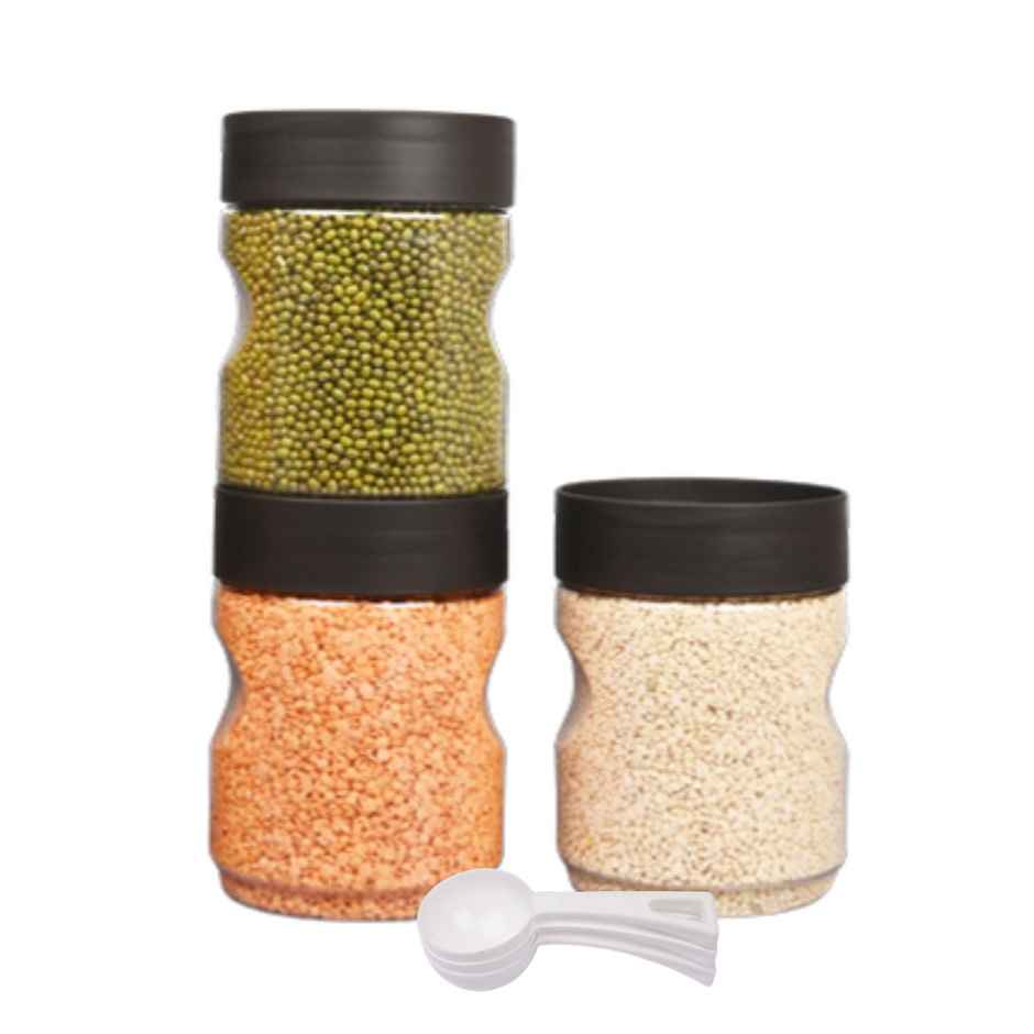 Flair Plastic Stackup Pet Jar Set Of 3 Pcs 1000 ml (Brown), Transparent