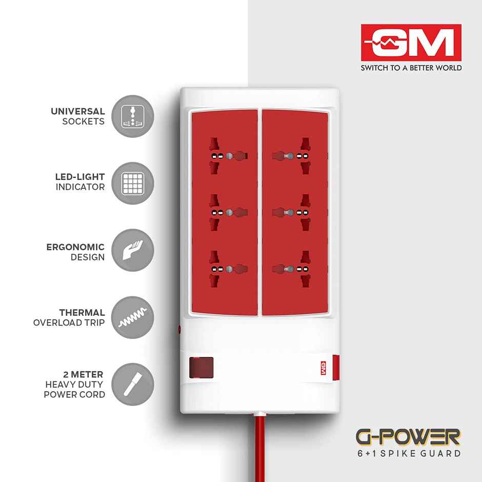 GM 3059 G-Power 6+1 Spike Adaptor with Master Switch, Indicator, Safety Shutter, International Sockets & Surge Protector (2m Cable)