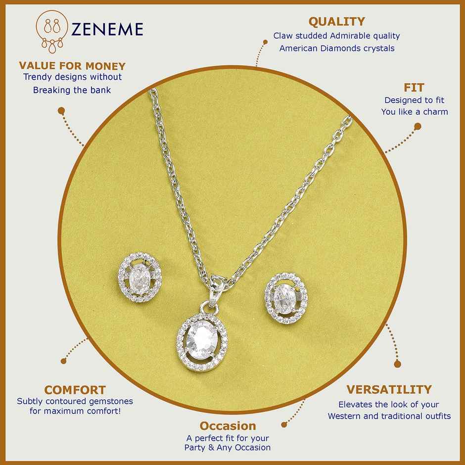 Zeneme Rhodium-Plated American Diamond-Studded Oval Necklace and Earrings For Women & Girls