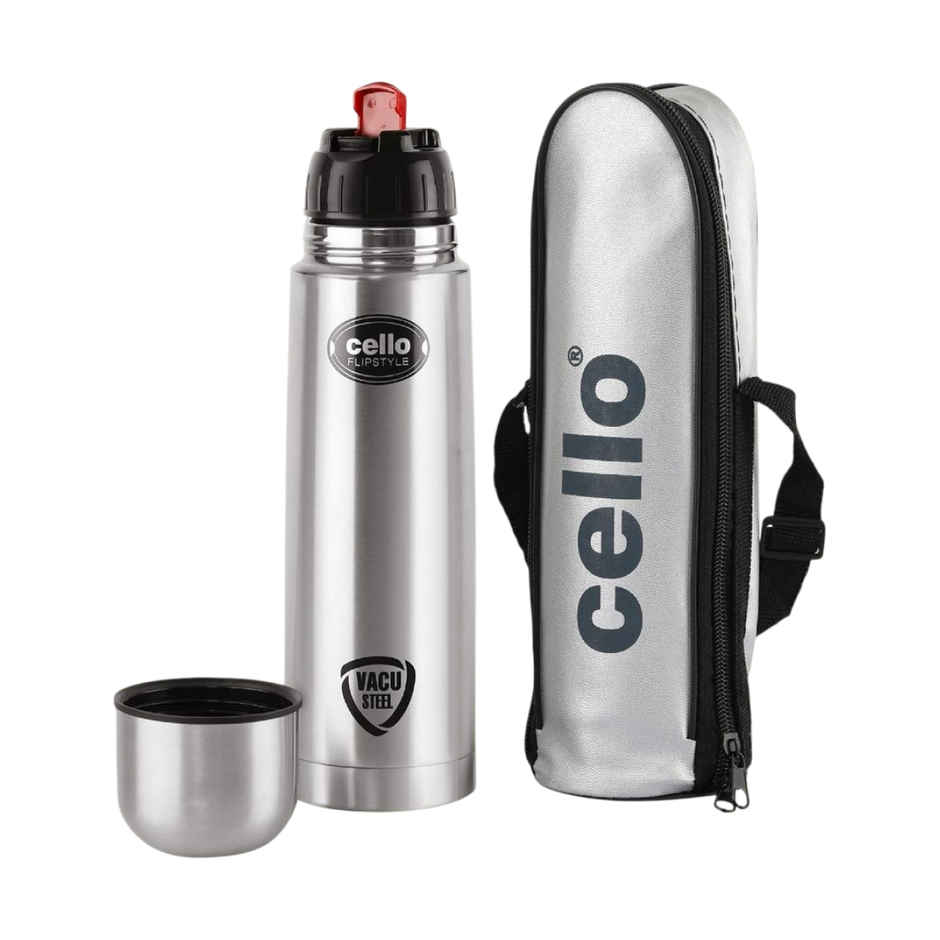Cello Flip Style Stainless Steel Vacuum Insulated Double Walled Flask with Jacket | 1 L | Silver