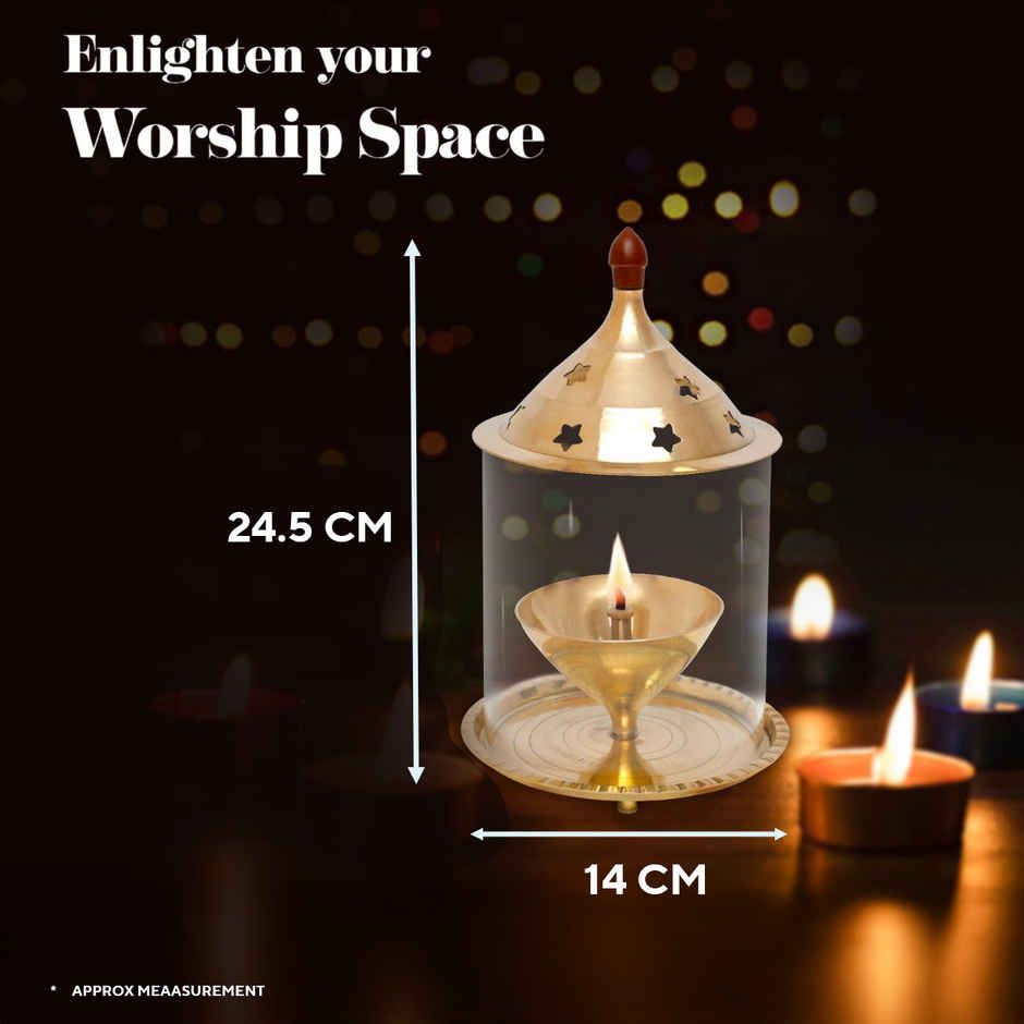 Nitya Brass Akhand Jyot Aaradhya Diya With Borosilicate Glass Medium | Gold | Shubhkart