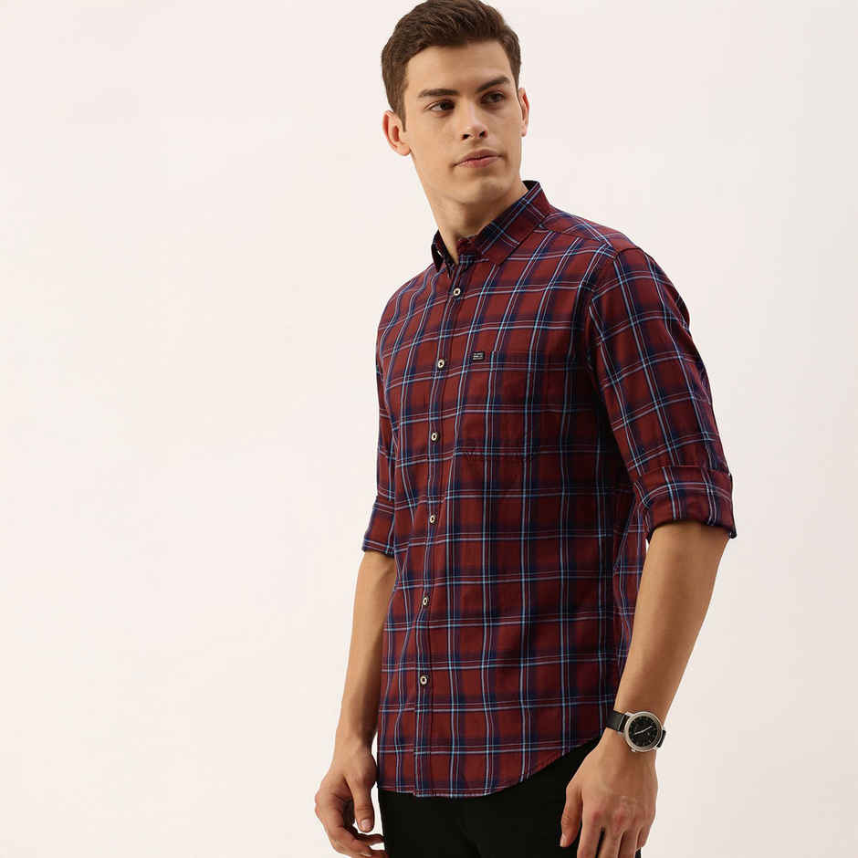 The Indian Garage Co Men's Slim Fit Checkered Casual Shirt | Rust - 2XL