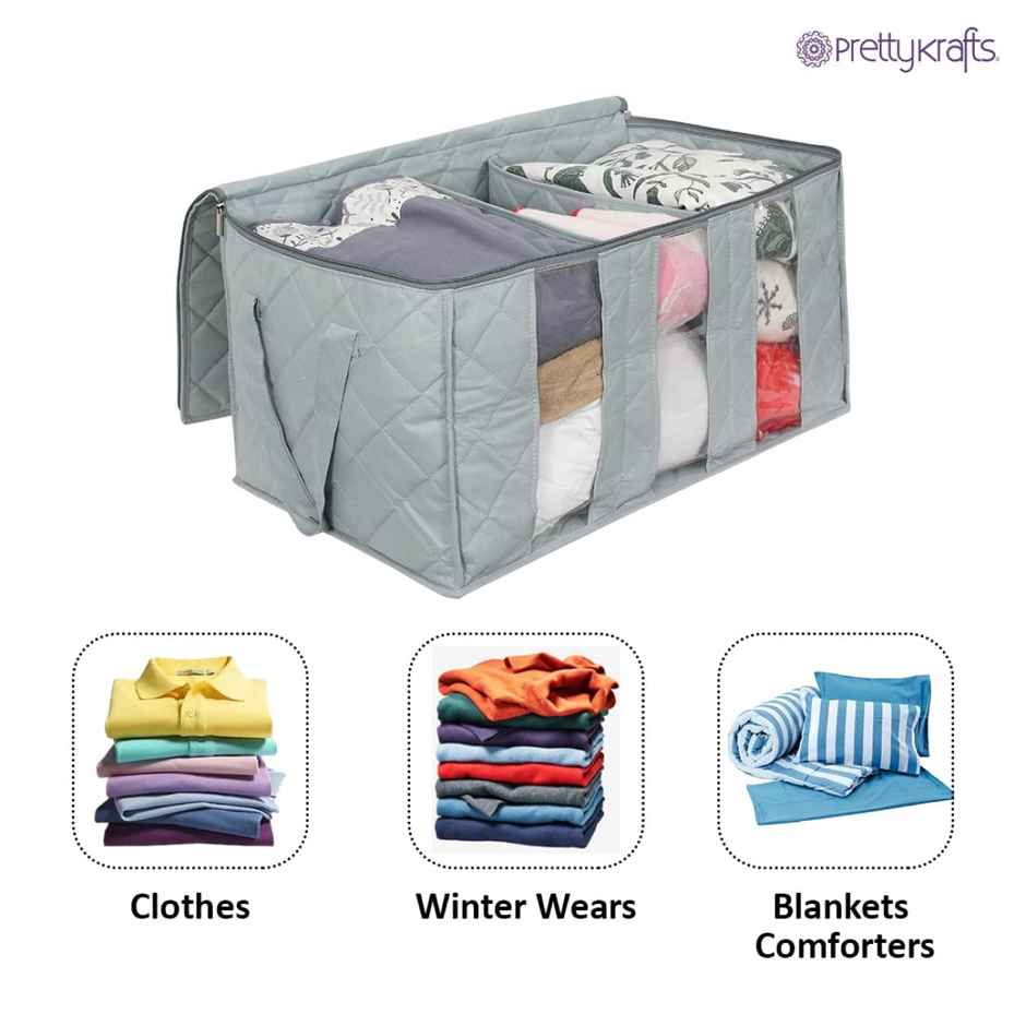 Prettykrafts Underbed Fabric Storage Box With 3 Partitions | Grey | Rectangular | Pack of 2