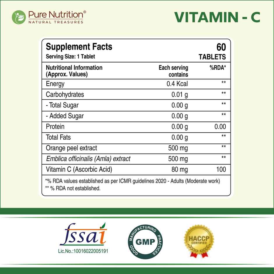 Pure Nutrition Vitamin C 1250mg 60 VEG Tablets with Amla & Orange Peel Extract
