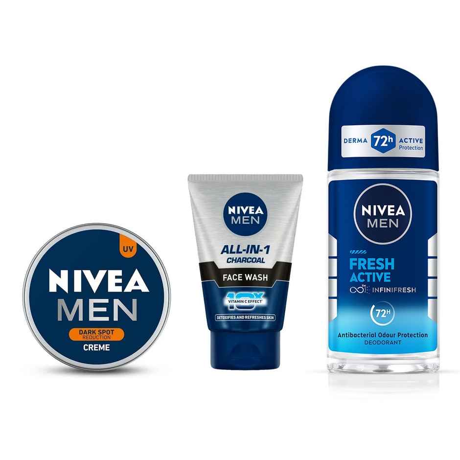 Nivea Men Dark Spot Reduction Face Cream (75ml) & Nivea Men Face Wash All In 1 Charcoal (100g) & Nivea Fresh Active Underarm Roll On 72H Protection (50ml) Combo