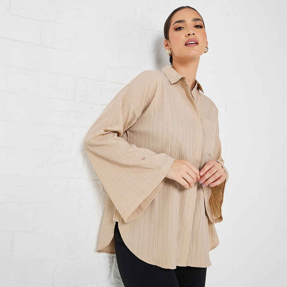 Styli Women's Longline Shirt with Drop Shoulder, Oversized Fit and Crepe Fabric | Beige - M
