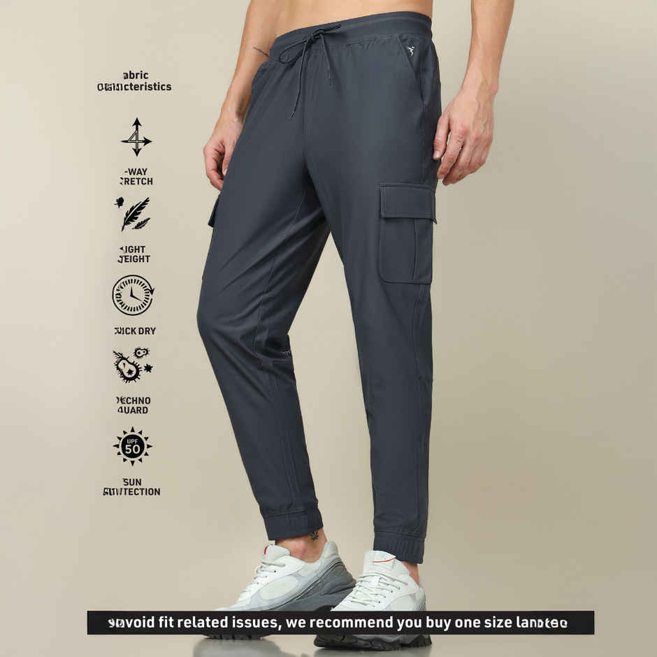 Technosport Men Poly Solid Slim Fit Sports Cargo Joggers with DURACOOL+ | Carbon Grey | XL