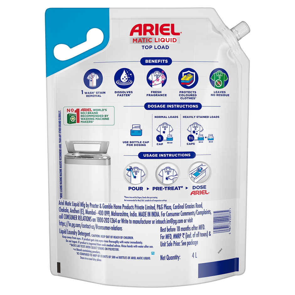 Ariel Stain Removal Top Load Washing Machine Detergent Liquid (4L) & Godrej Fab Machine & Hand Wash Detergent Liquid Refill Pouch (950ml) Combo  