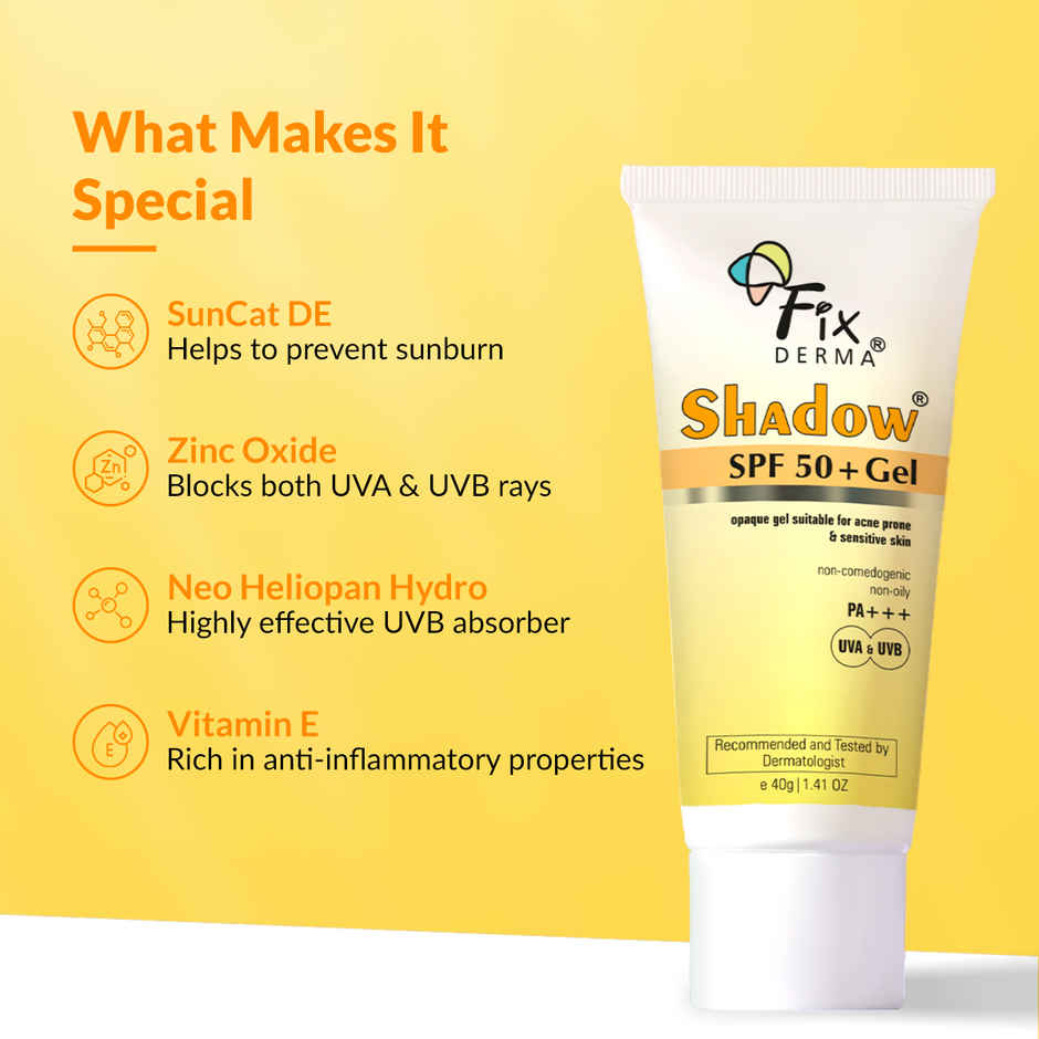 Fixderma Shadow Sunscreen SPF 50+ PA+++ Gel, Lightweight & No White Cast For Oily Skin