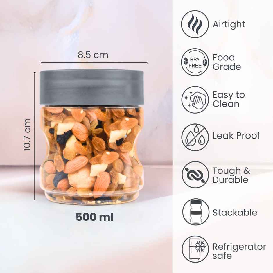 Flair Plastic Stackup Pet Jar Set Of 3 Pcs 500 ml (Gray), Transparent