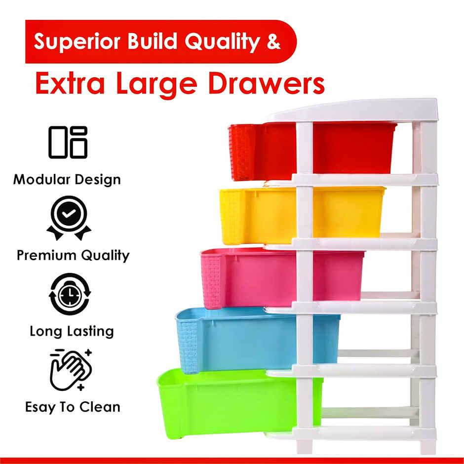 Kuber Industries Plastic Modular Storage Drawer Rack for office|School|Home|5-Tier|Multicolor