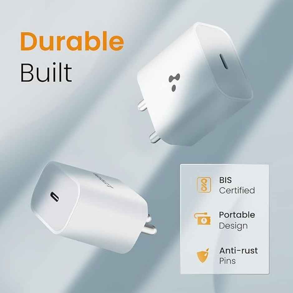 Ambrane (Raap M20) 20W Type C Mobile Charger Adapter, Fast Charging for Android, iPhone 14/13,13/12/11/X & Pro, Max Series & Other Type C Enabled Devices, PD Technology, BIS Certified - White