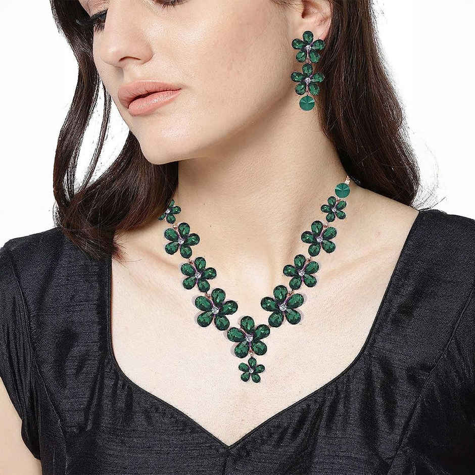 Youbella Crystal Necklace Jewellery Set With Earrings For Girls/Women (Green)(Ybnk - 5768)
