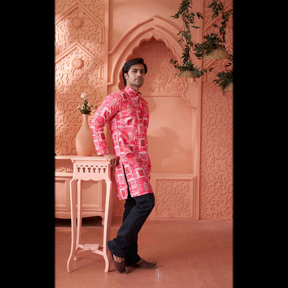House Of Festivals Men's Printed Cotton Blend Long Kurta | Pink -XL