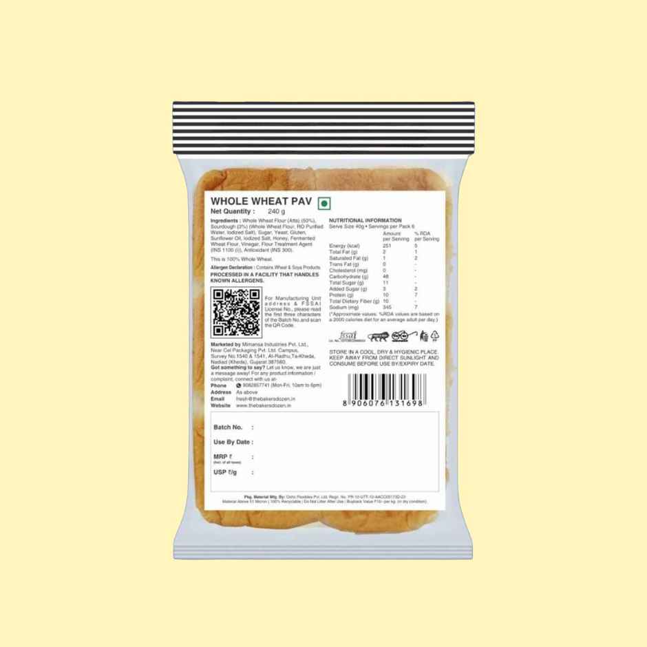 The Baker's Dozen Zero Maida Pav Whole Wheat | Atta Bombay Pav | Gut Friendly | Clean Label