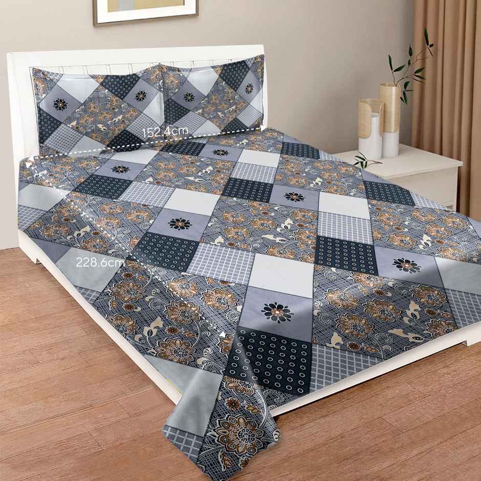 BAY6 110 GSM Geometric Print Microfibre Double Bedsheet, 2 Pillow Covers | Black & Grey | 87 x 94in