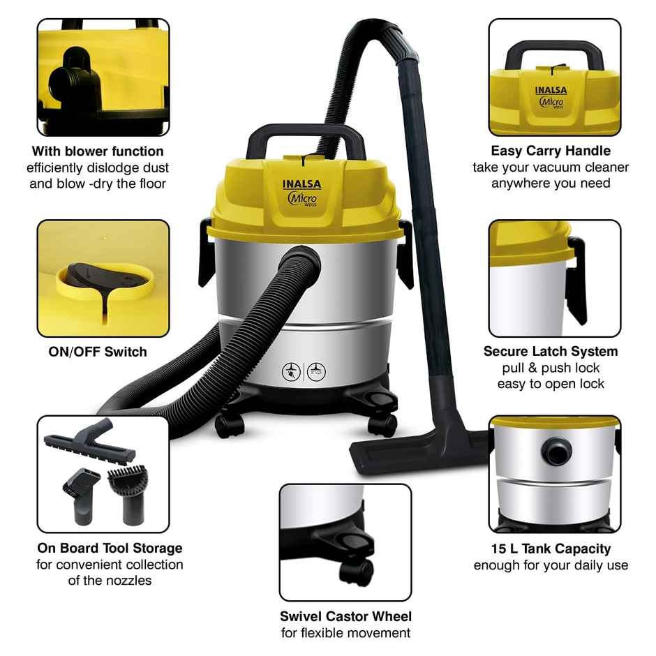 INALSA Wet and Dry Vacuum Cleaner WD 15 ltr ,1400 W, 20 kPa Suction , Blower Function,HEPA Filter