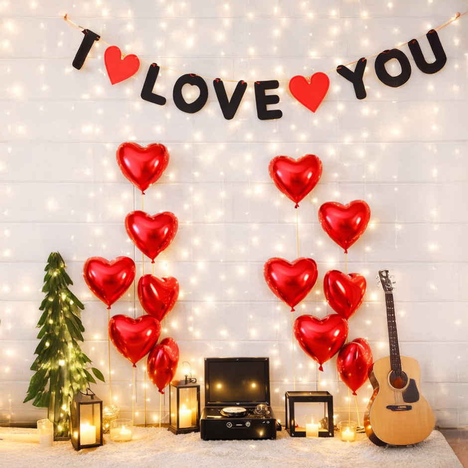 Red Balloons, Foil Heart, LED Light, I Love You Banner Decoration Kit | Hemito