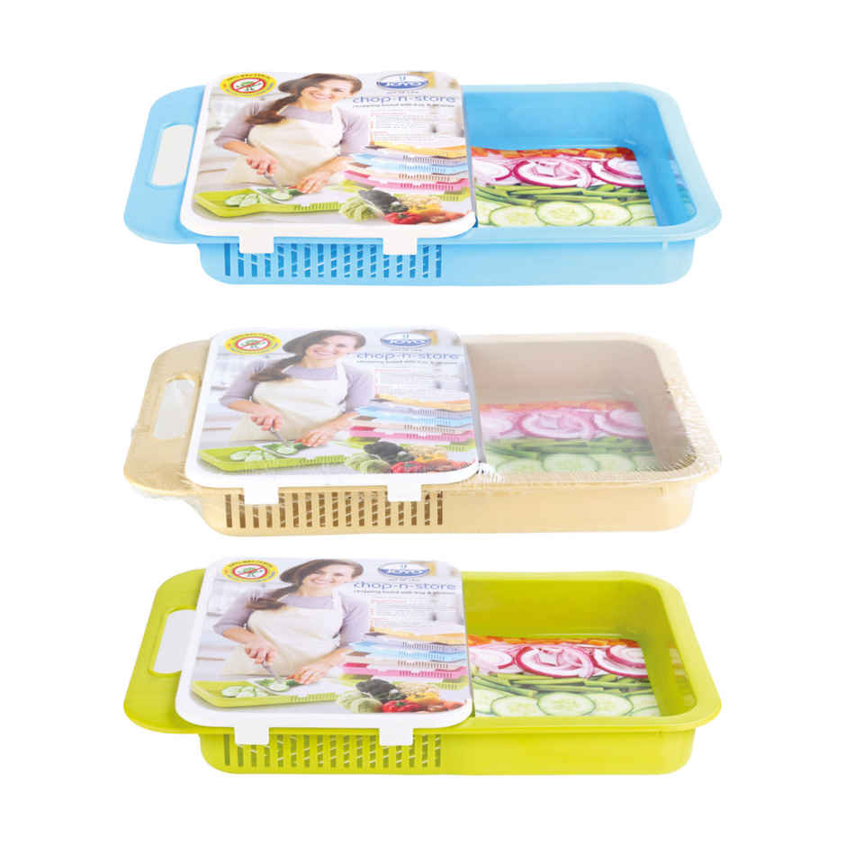 Joyo Plastics Chop - N - Store Cutting Chopping Board with Tray & Strainer (Colour May Vary)