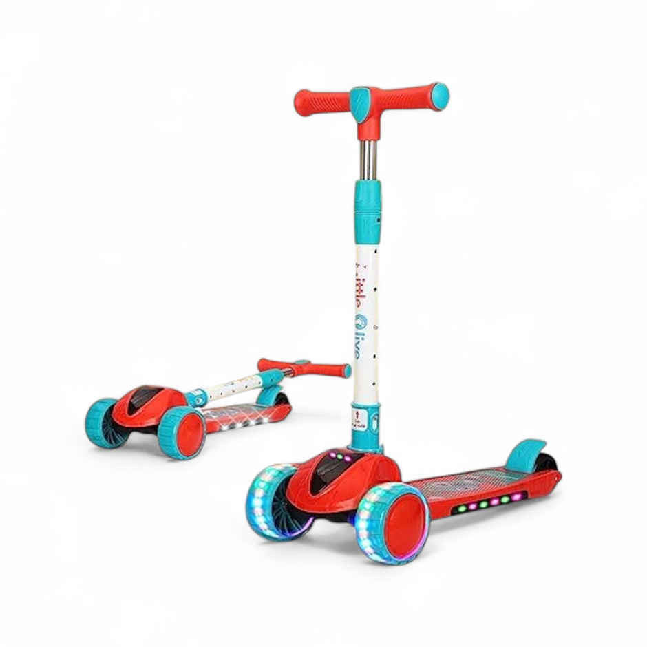 Little Olive Pluto Kids Scooter with LED Wheels, Adjustable Height, Foldable, for Ages 3-7 (Red)