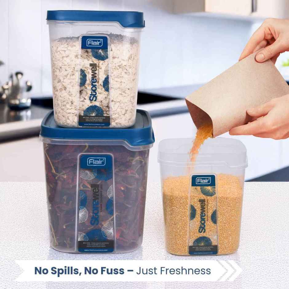 FLAIR Plastic Storewell Square Food Storage Containers Set | Blue - 6 L, 8 L & 12 L