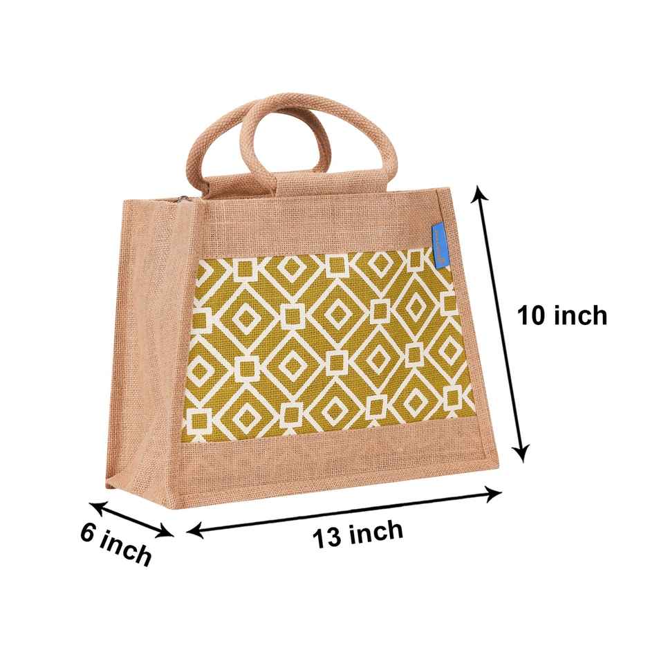 Jute Cottage Carry Bag - Taper Lunch Zipper Bag | Eco-friendly | Stylish | Green | 10 x 13 x 6