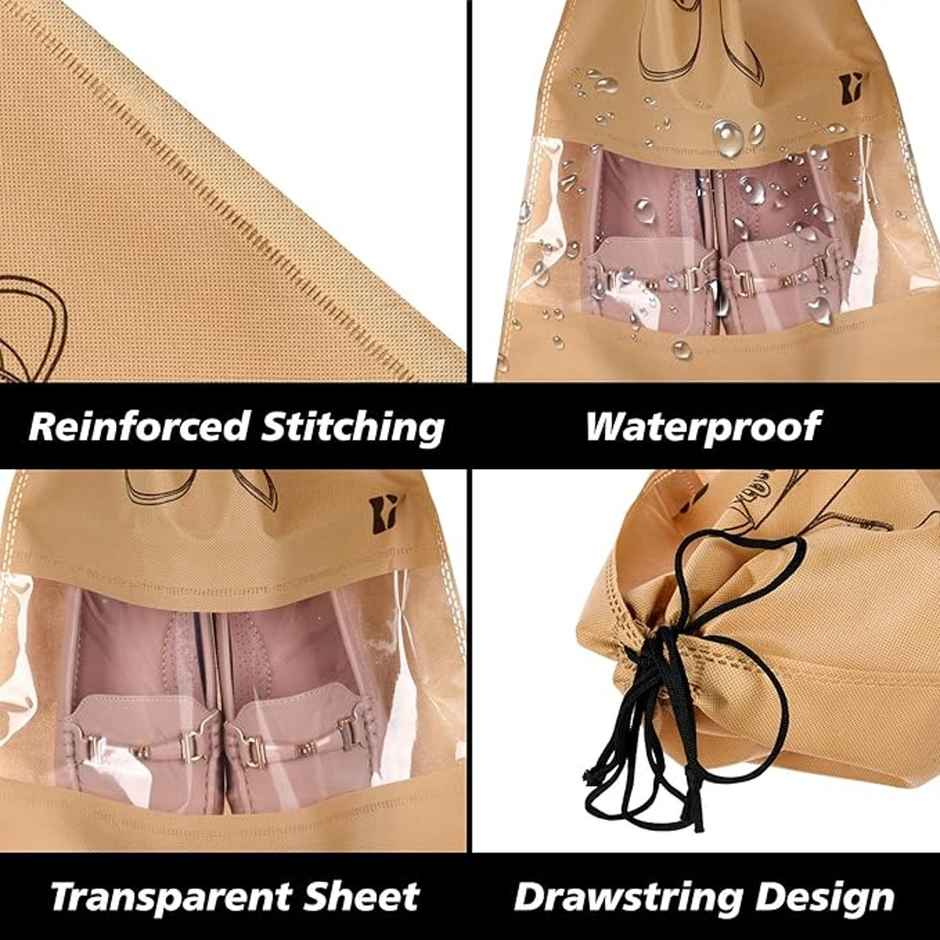 Kuber Industries Non-Woven Pack of 6 Shoe Bags for Travel with Transparent Window | Beige