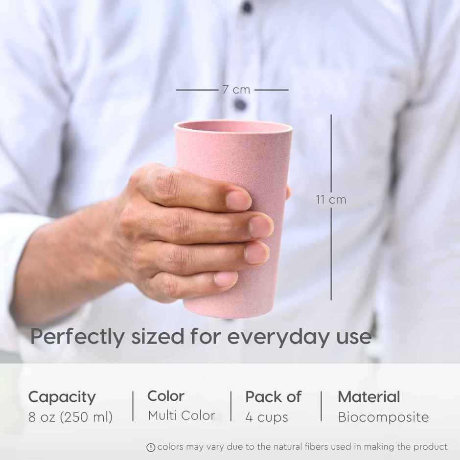 Eha Earth Friendly Unbreakable Drinking Glass | 250 ml, 4 pcs, Multi-light | Rice Husk Biocomposite