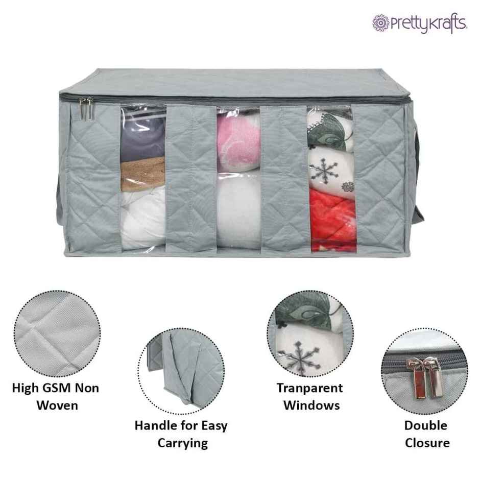 Prettykrafts Underbed Fabric Storage Box With 3 Partitions | Grey | Rectangular | Pack of 2