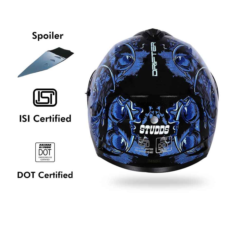 Studds Drifter D3 Rampage ISI-DOT Certified Full Face Helmet|Dual Visor & Spoiler|Black Grey N1 - L