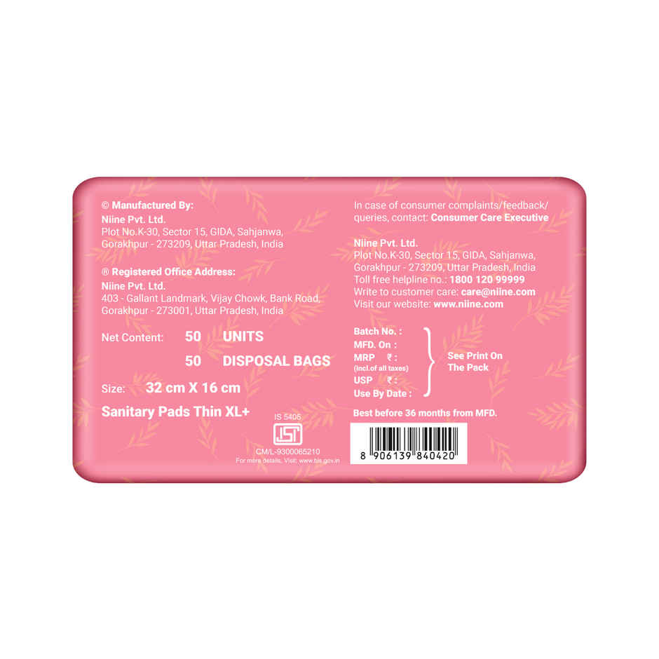 Niine Naturally Soft Ultra Thin XL+ Sanitary Pad | 320 mm and Wider Back | with Biodegradable Bags | 50 Pads