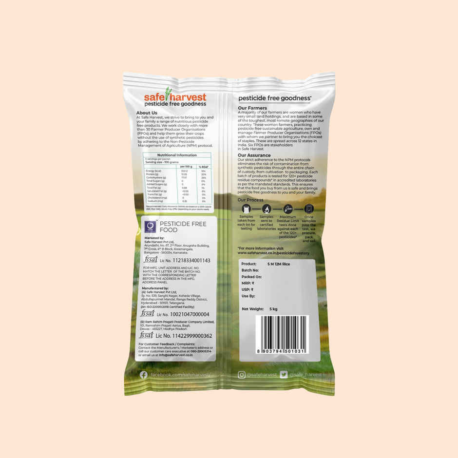 Safe Harvest Sona Masoori Raw Rice 12 Months | Lab-Tested | Pesticide Free
