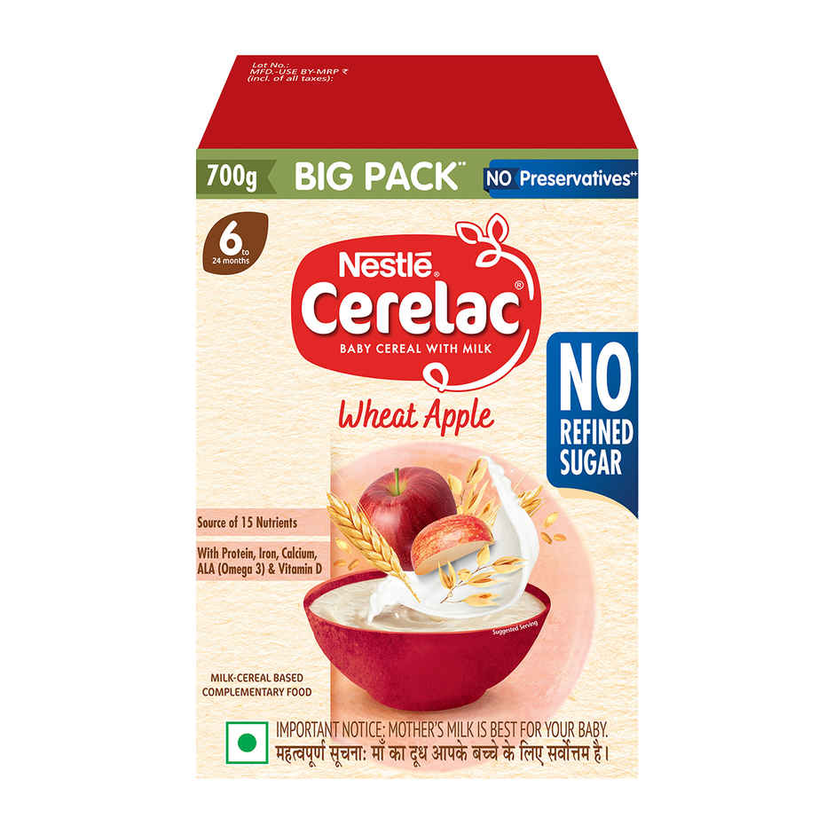 Nestle CERELAC Wheat Apple Baby Food Cereal, No Refined Sugar & No Preservatives, 6 to 24 Months, Big Pack