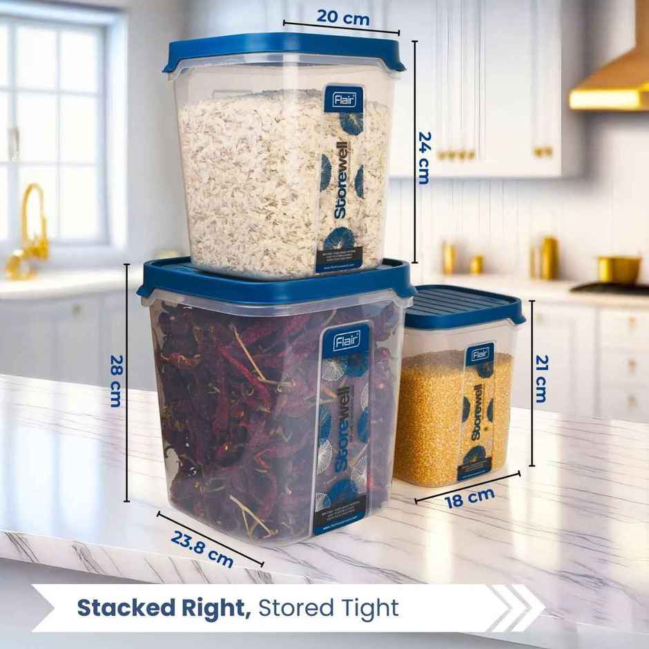 FLAIR Plastic Storewell Square Food Storage Containers Set | Blue - 6 L, 8 L & 12 L