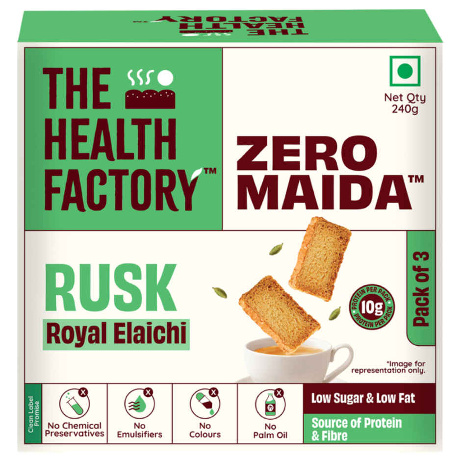 The Health Factory Elaichi Rusk | Zero Maida | Source of Protein & Fibre | Wheat Rusk Toast | Tea Time Snack