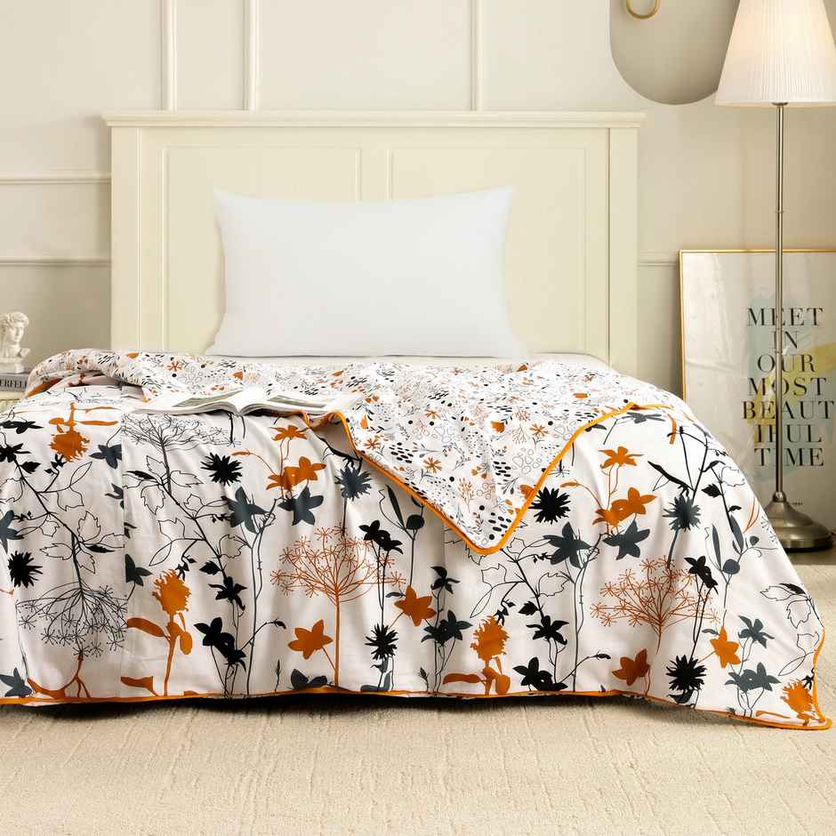 Story@home Floral Single Dohar/Duvet Cover (220x144x2 cms) - White & Orange Floral