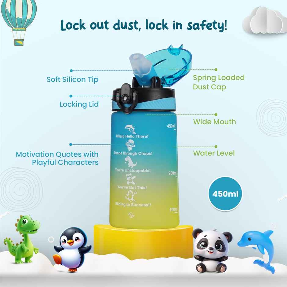 Solara Sipper Water Bottle 500Ml With Motivational Time Marker, Sipper Bottle For Kids -Yellow Blue