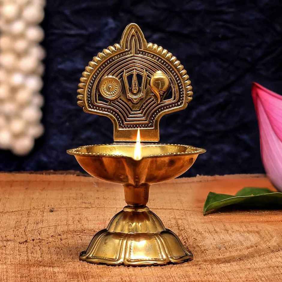 Brass Shankh Chakra Tilak Diya for Pooja | Aksharveda