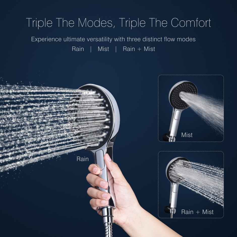 Hindware 3 mode Hand Shower | 1.5 Meter Flexible Steel Hose pipe & wall Hook | Wide Head