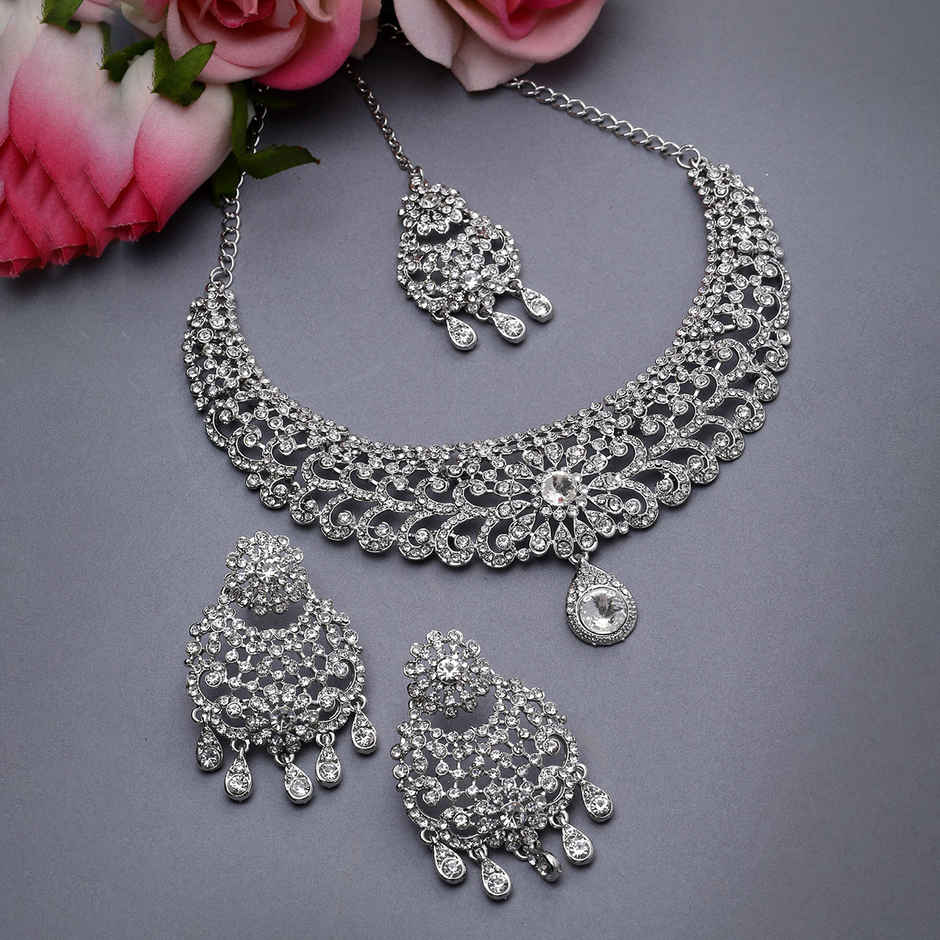 Sukkhi Desirable Rhodium Plated Silver Stone Studded Floral Choker Necklace Set