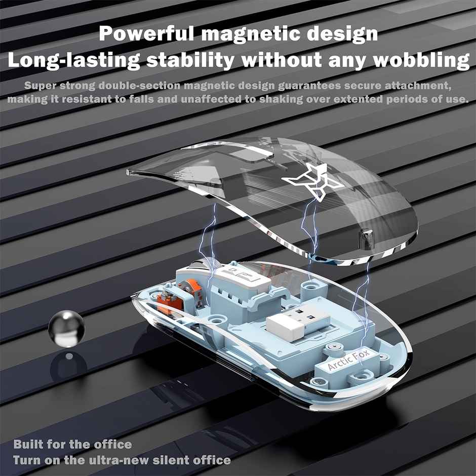 Arctic Fox Pureview Transparent Wireless And Bluetooth Rechargeable Mouse, Usb Receiver - Frost White