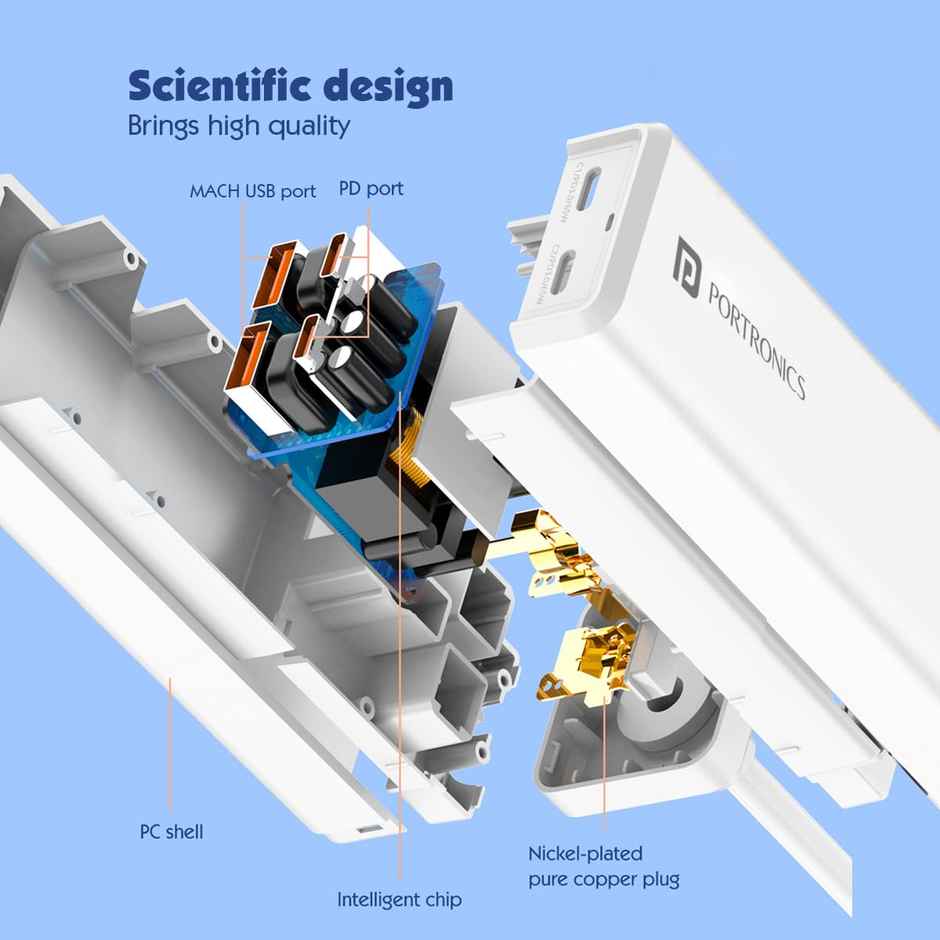 Portronics Adapto Volt 65 65W High speed 5-in-1 Power Strip with 2 Type C PD Ports(White)