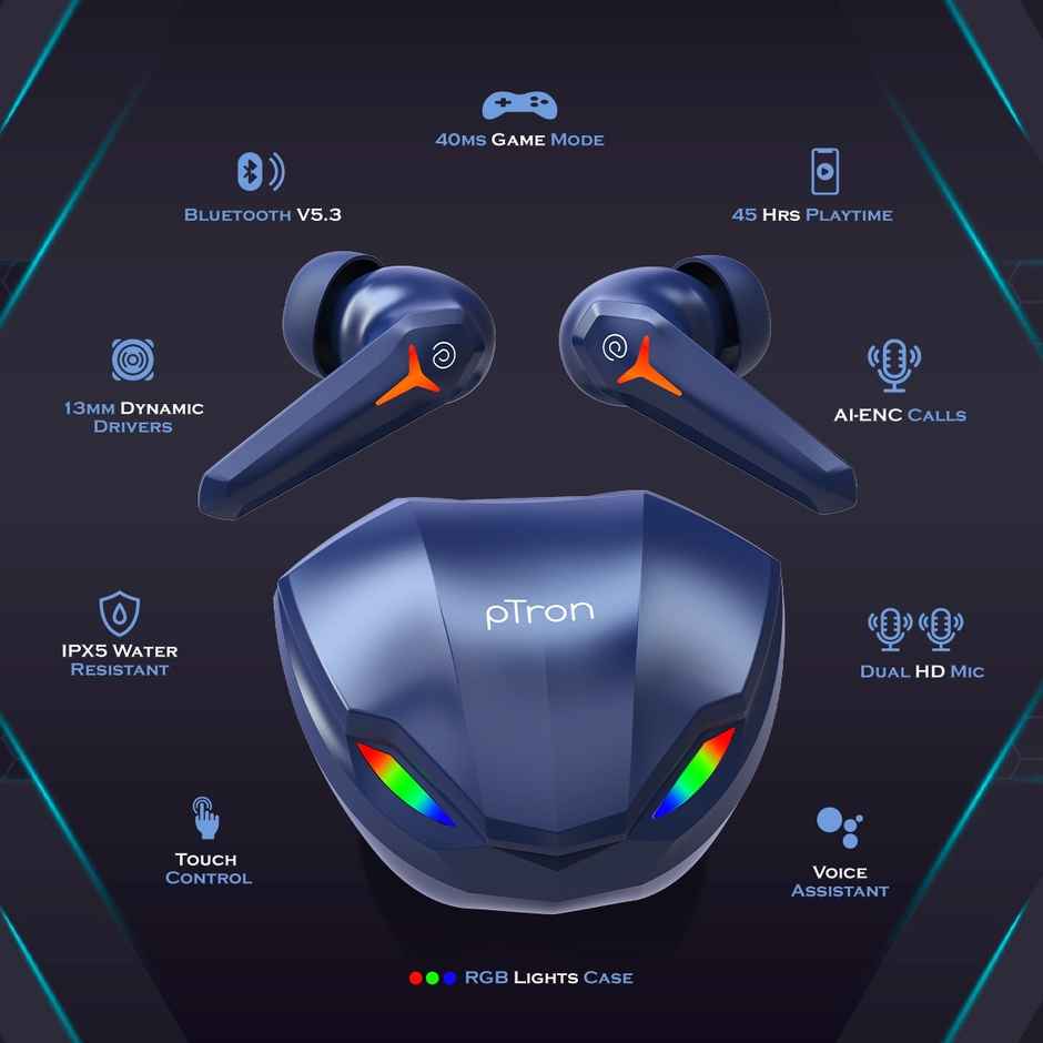 pTron Bassbuds Razer TWS Earbuds | 40ms Gaming | 45H Playtime | AI-ENC Calls & Deep Bass - Blue
