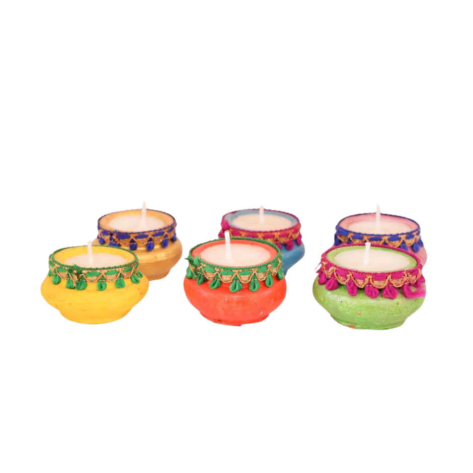 Festive Earthen Matki Diyas Set | Multicolour | Pack Of 6 | Traditional | Mitti Diya-Pooja | Clay | Walton
