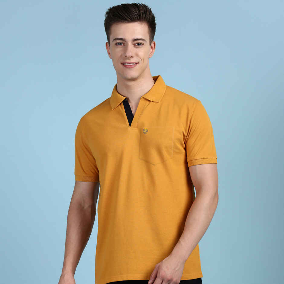 Lux Cozi Men's Solid Cotton Polo T-shirt with Pocket | Mustard - M