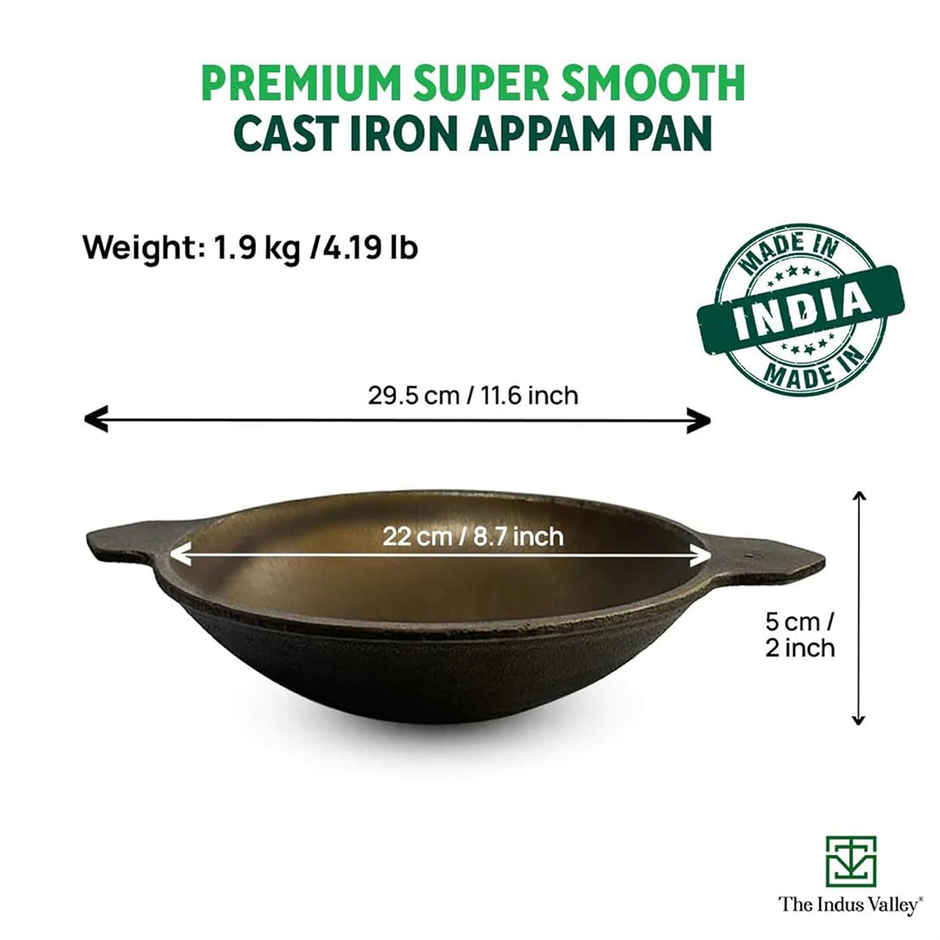 The Indus Valley Pre-Seasoned Cast Iron Appam Pan With Glass Lid | 25.4 Cm/10 Inch, 1.5Kg